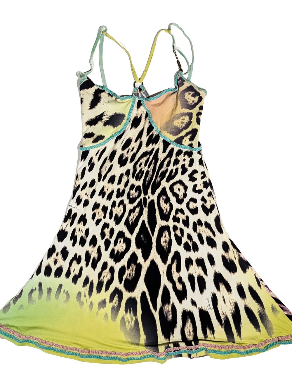 Roberto Cavalli Black and Cream Leopard Mini Dress with Lime Accent